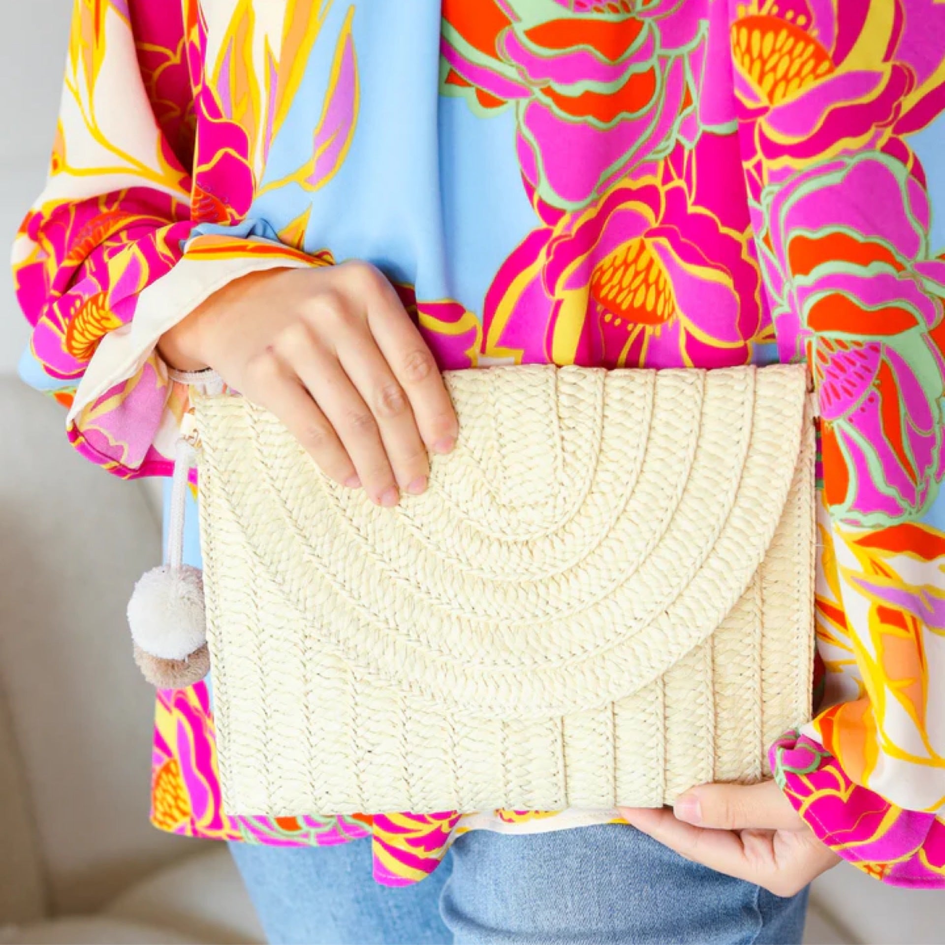 Raffia Flap Closure Clutch Bag with Wrist Strap and Pom Pom